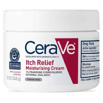 CeraVe Itch Relief Moisturizing Cream in 12 oz jar, soothing lotion with gentle formula for itchy skin relief, displayed on a white background.