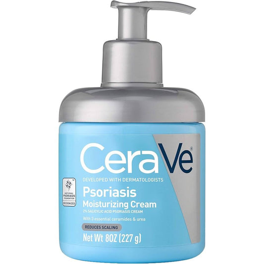 CeraVe Psoriasis Skin Therapy Moisturizing Cream in an 8 oz jar, soothing lotion and moisturizer for psoriasis-prone skin.