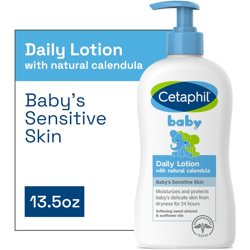 Cetaphil Baby Daily Lotion with Organic Calendula, a gentle moisturizer for face and body, shown in a pump bottle.