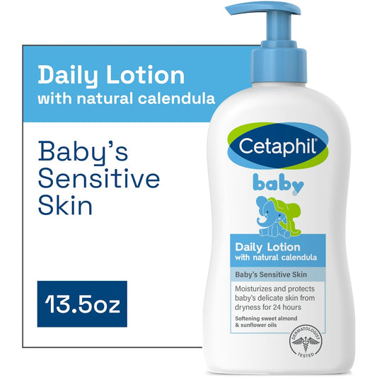 Cetaphil Baby Daily Lotion with Organic Calendula, a gentle moisturizer for face and body, shown in a pump bottle.