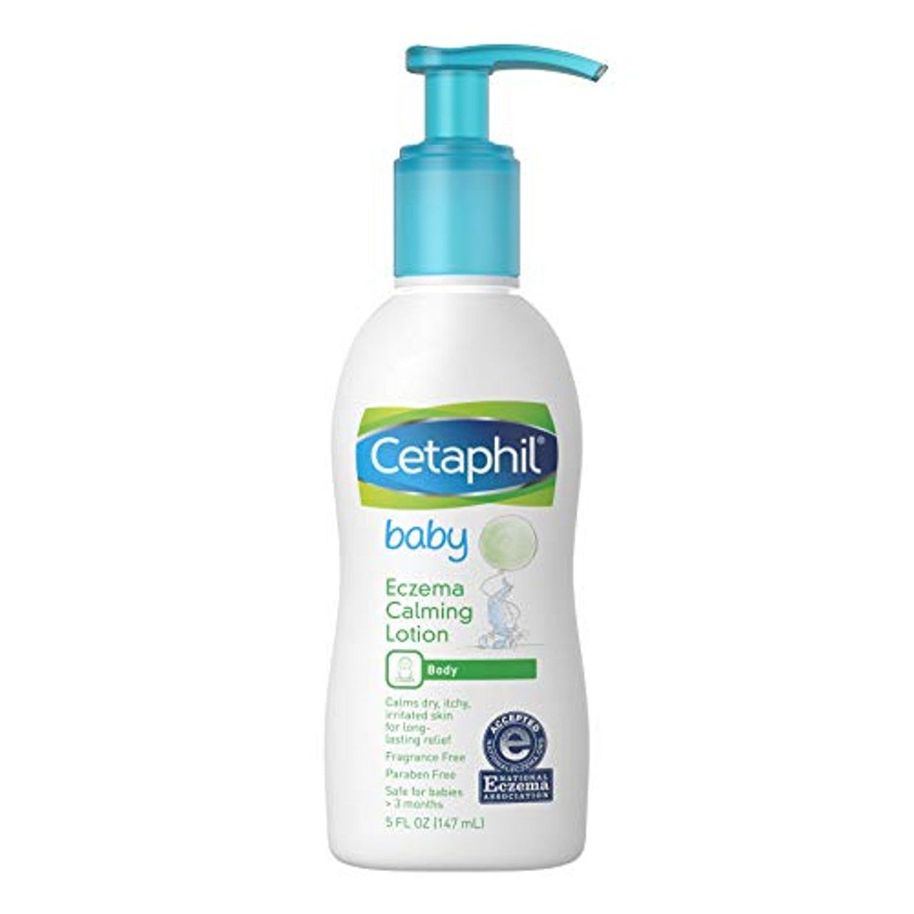 Cetaphil Baby Eczema Calming Lotion bottle, gentle moisturizer for infants with soothing texture and baby-safe ingredients.