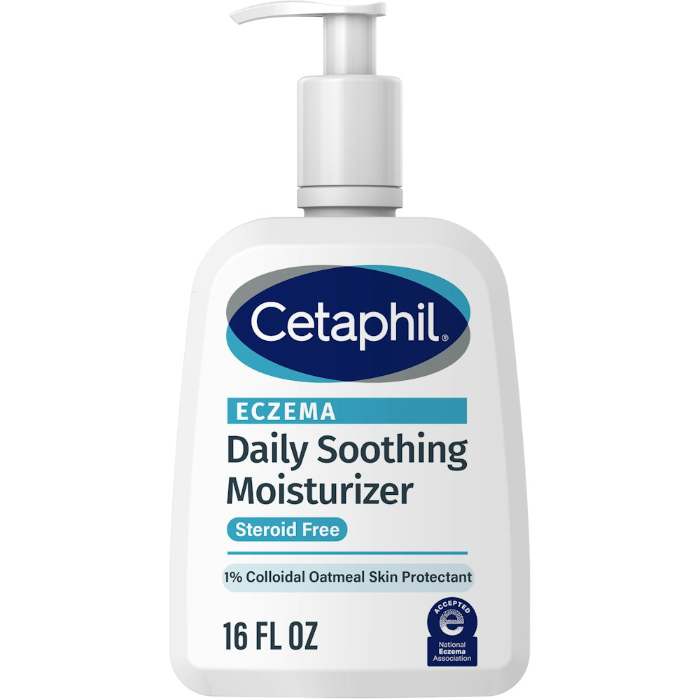 Cetaphil Eczema Restoraderm soothing moisturizer in a 16 oz bottle, gentle lotion for eczema relief and skin hydration.