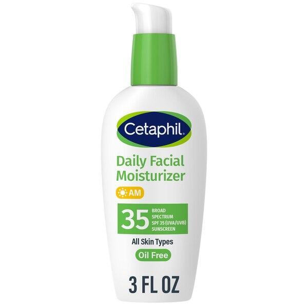 Cetaphil Daily Facial Moisturizer lotion with SPF 35, oil-free, broad spectrum sun protection, 3 Fl Oz bottle.