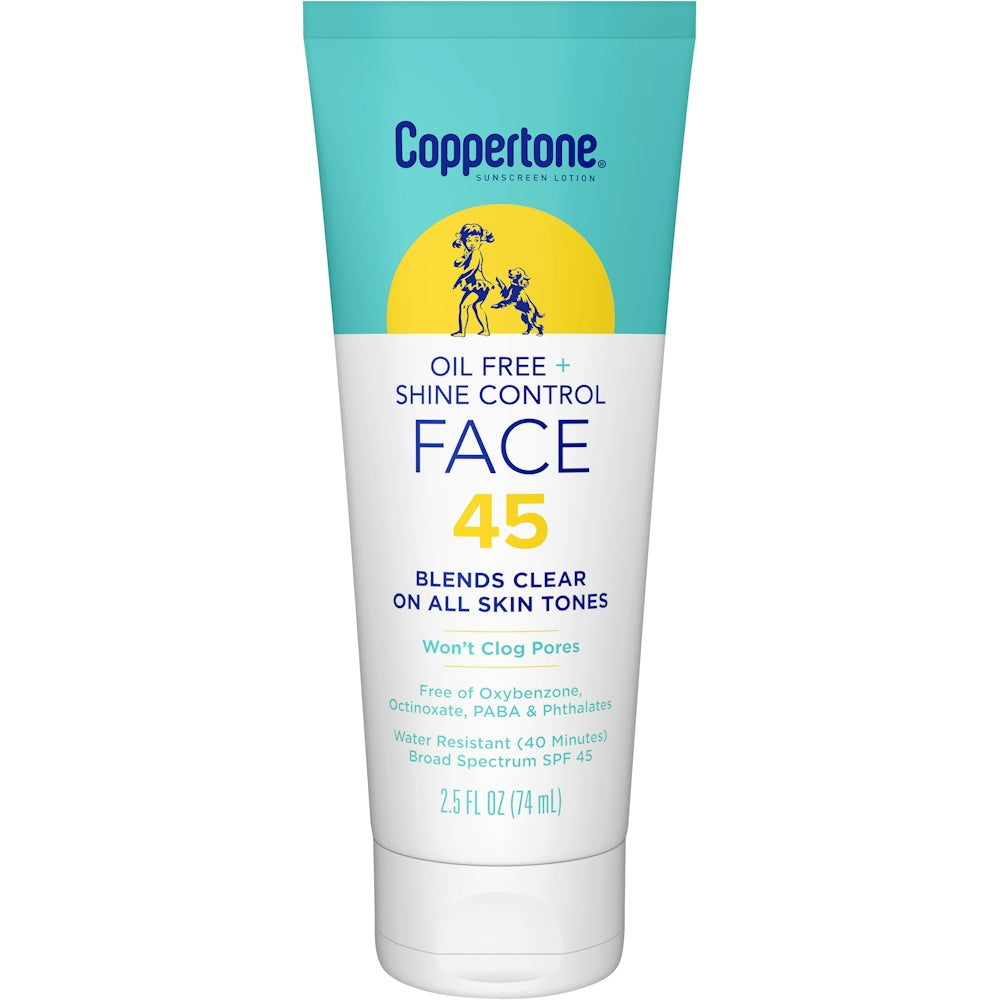Coppertone InProgress Sunscreen Lotion for face, oil-free with shine control, SPF 45, 2.5 fl oz bottle, moisturizing skincare.