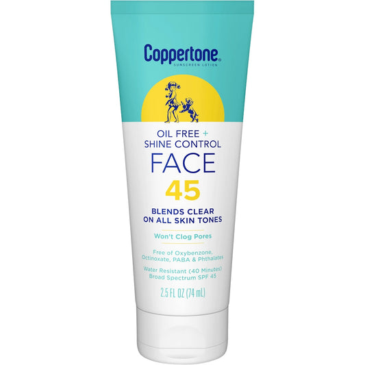Coppertone InProgress Sunscreen Lotion for face, oil-free with shine control, SPF 45, 2.5 fl oz bottle, moisturizing skincare.