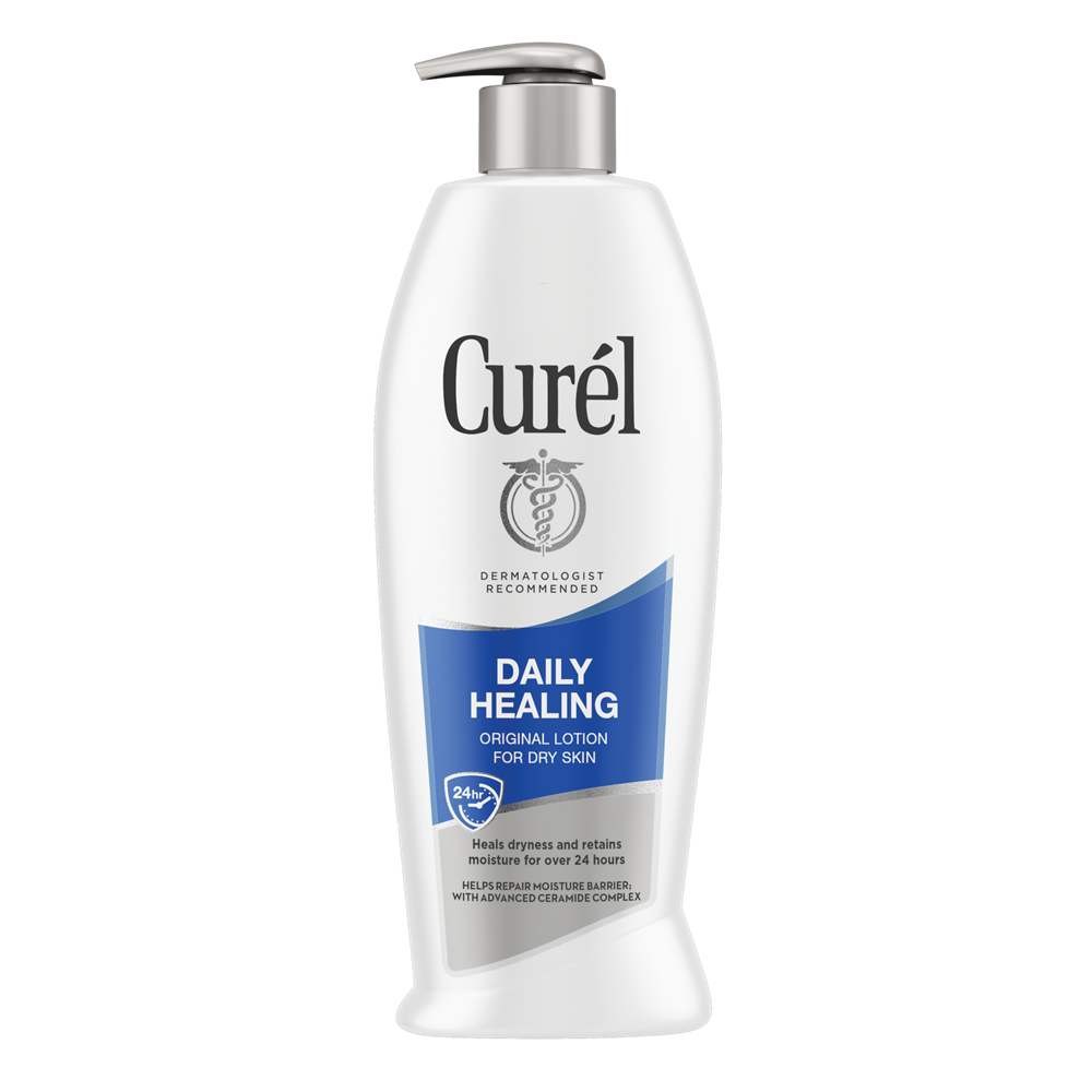 Curel Daily Healing Original Lotion for Dry Skin by Pasteur Pharmacy, 20 oz bottle of moisturizer with white lotion in a pump bottle.