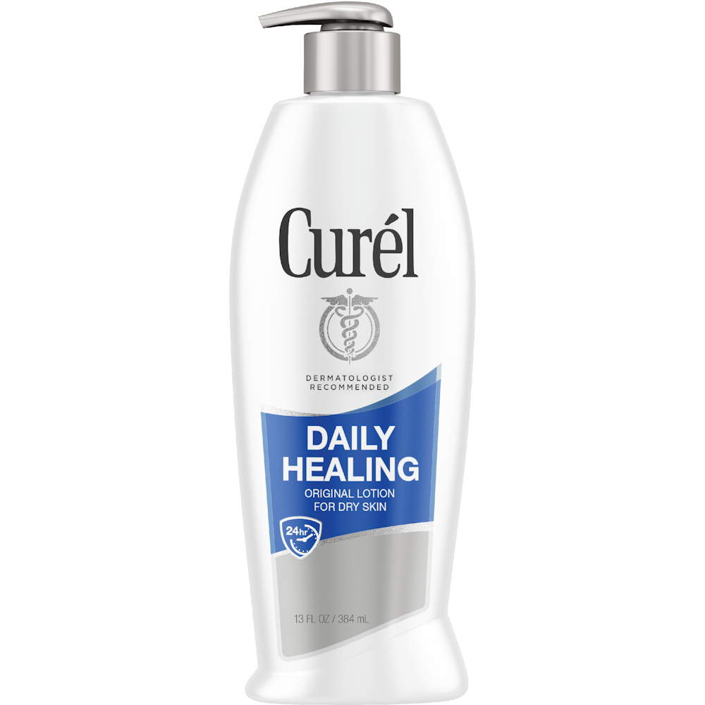 Pasteur Pharmacy Curel Lotion for dry skin, daily healing moisturizer, 13 fl oz bottle, creamy lotion with soothing texture.
