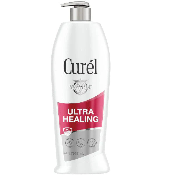 Curel Ultra Healing Lotion for extra dry skin, Pasteur Pharmacy moisturizer in a white pump bottle with blue accents.