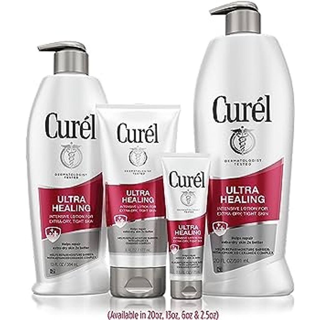 Curel Ultra Healing Moisturizing Lotion for extra dry skin, 6 oz, in a white pump bottle with Curel branding and label.