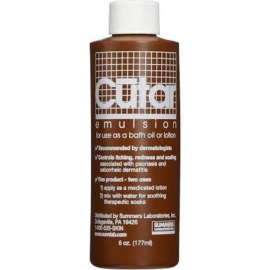 Cutar™ Therapeutic Coal Tar Emulsion lotion by Pasteur Pharmacy, 6 oz bottle, showing the product label and packaging.