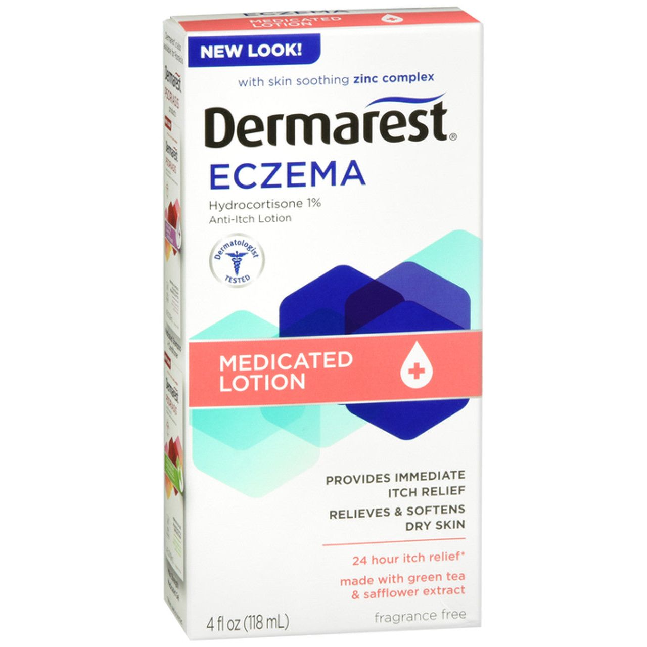 Dermarest Eczema Medicated Lotion 4 oz bottle, moisturizing lotion for eczema relief, displayed with label and packaging details.