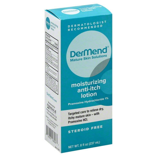 Dermend Anti Itch Lotion by Pasteur Pharmacy in an 8 oz bottle, soothing moisturizer for skin relief and itching.
