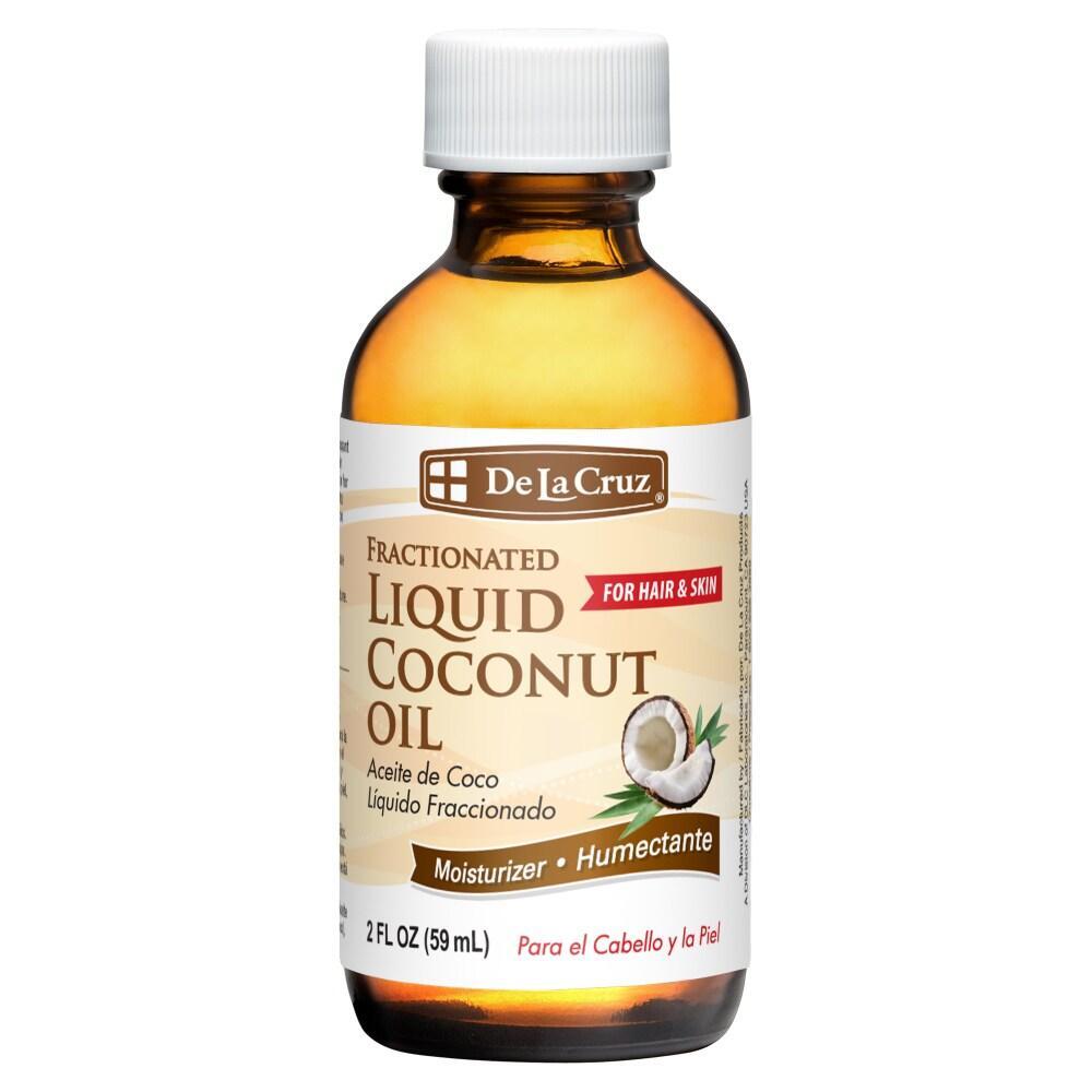 DLC Laboratories De La Cruz fractionated liquid coconut oil 2 fl oz bottle, natural moisturizer and lotion, clear liquid in a pump bottle