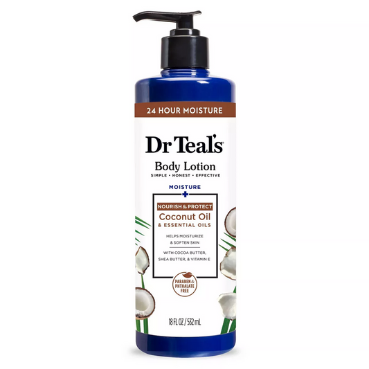Dr Teal's Moisture Nourishing Coconut Oil Body Lotion in 18 fl oz bottle, creamy moisturizer with coconut scent and smooth texture.
