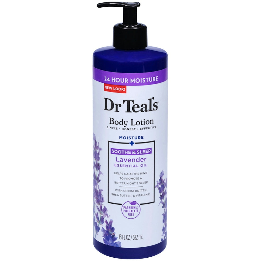 Dr Teal's Moisture & Soothing Lavender Body Lotion in 18 fl oz bottle, creamy lotion with lavender scent for skin hydration