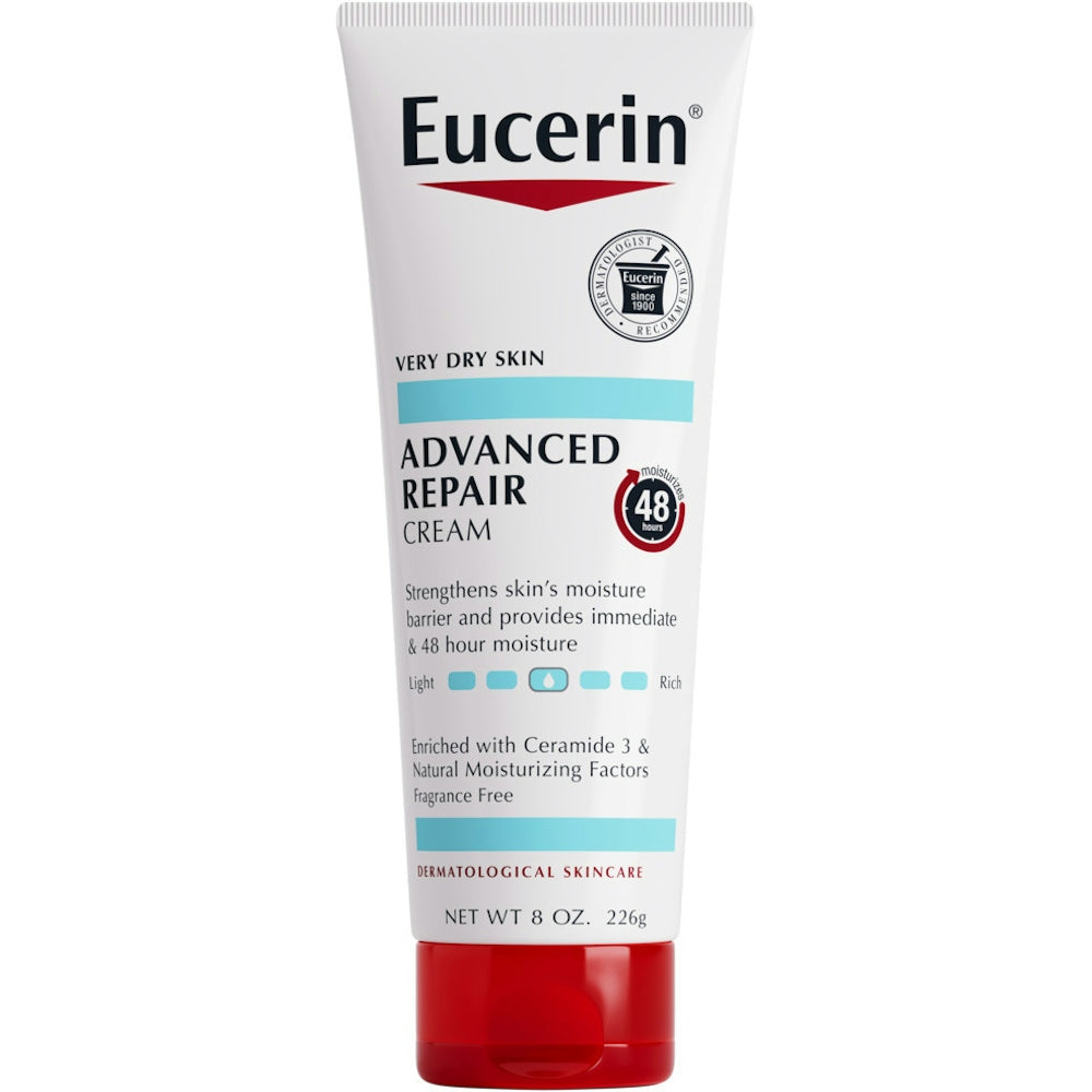 Eucerin Advanced Repair Body Cream for very dry skin in an 8oz bottle, moisturizing lotion with a smooth, white cream texture.