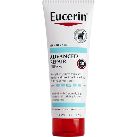 Eucerin Advanced Repair Body Cream for very dry skin in an 8oz bottle, moisturizing lotion with a smooth, white cream texture.