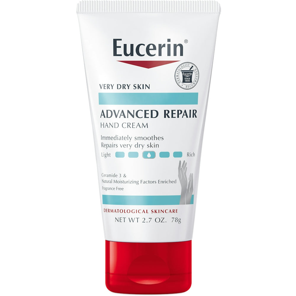 Eucerin Advanced Repair Hand Cream unscented in 2.7oz tube, moisturizing lotion for dry skin, by Pasteur Pharmacy