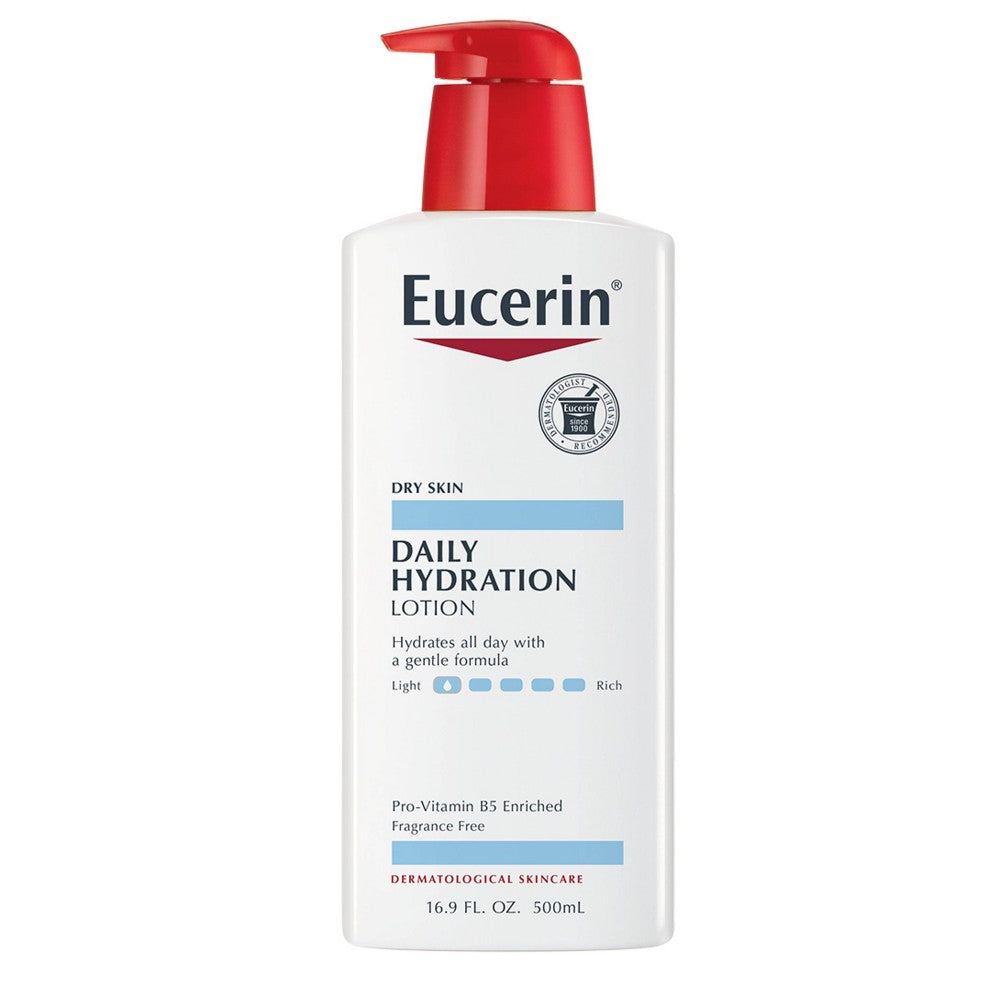 Eucerin Daily Hydration Lotion fragrance-free in a 16.9 oz bottle, moisturizing and soothing skin without fragrance.