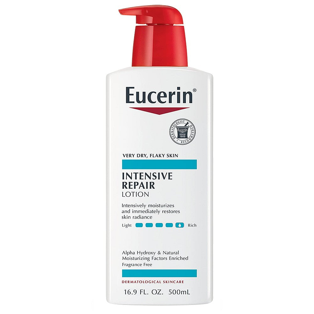 Eucerin Intensive Repair Body Lotion in a 16.9 fl oz pump bottle, moisturizing very dry skin with nourishing lotion and moisturizer.
