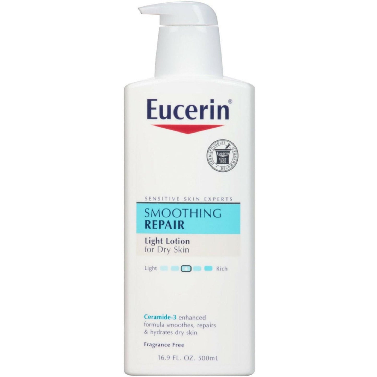 Eucerin Light Feel Advanced Repair Lotion and Moisturizer, fragrance-free, with smooth, moisturizing texture for dry skin.