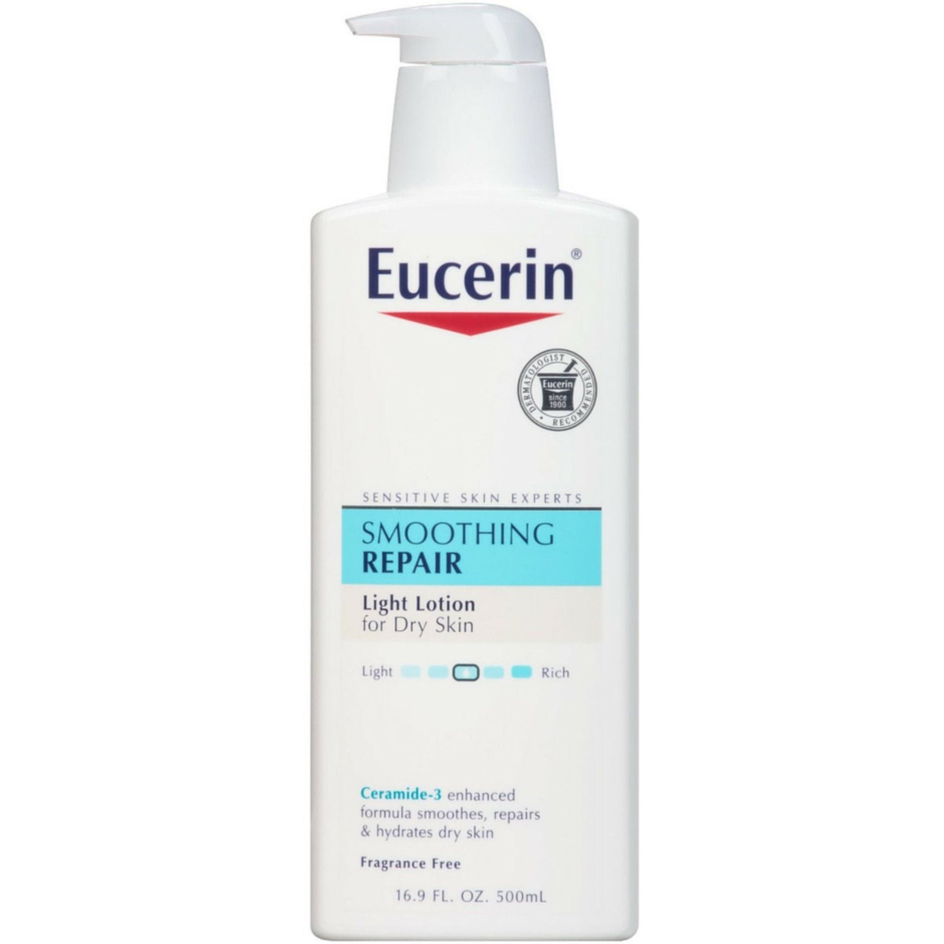 Eucerin Light Feel Advanced Repair Lotion and Moisturizer, fragrance-free, with smooth, moisturizing texture for dry skin.