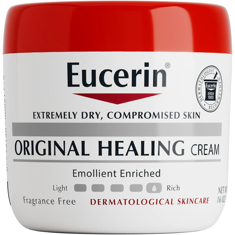 Eucerin Original Healing Cream fragrance-free lotion and moisturizer, creamy texture, suitable for dry skin.