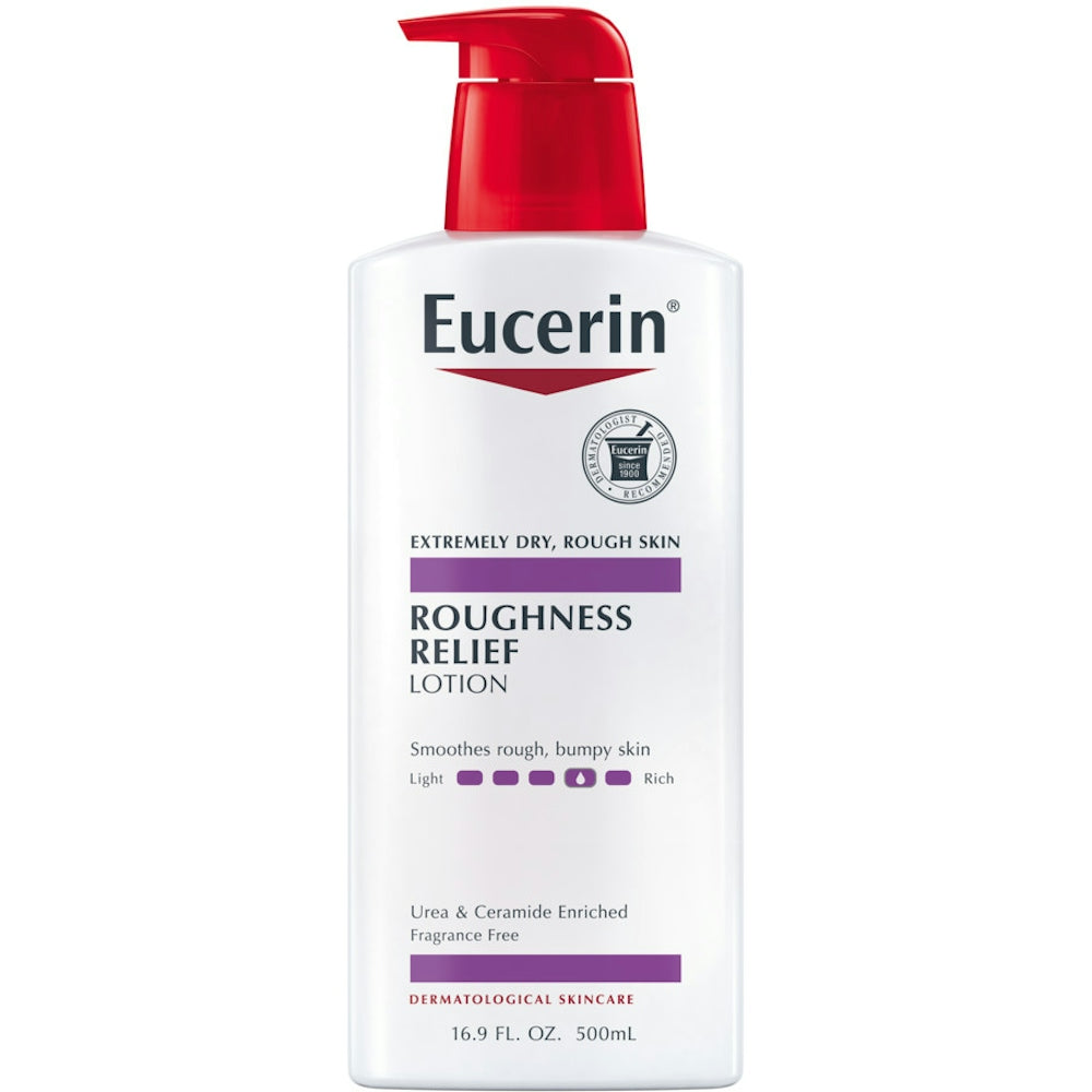 Eucerin Roughness Relief Body Lotion in 16.9 oz bottle, moisturizing and soothing lotion for dry, rough skin.