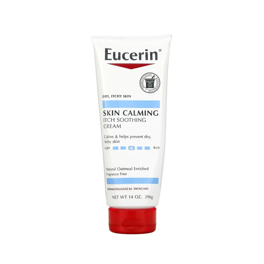 Eucerin Skin Calming Daily Body Cream unscented lotion and moisturizer for sensitive skin, shown in a tube with white packaging.