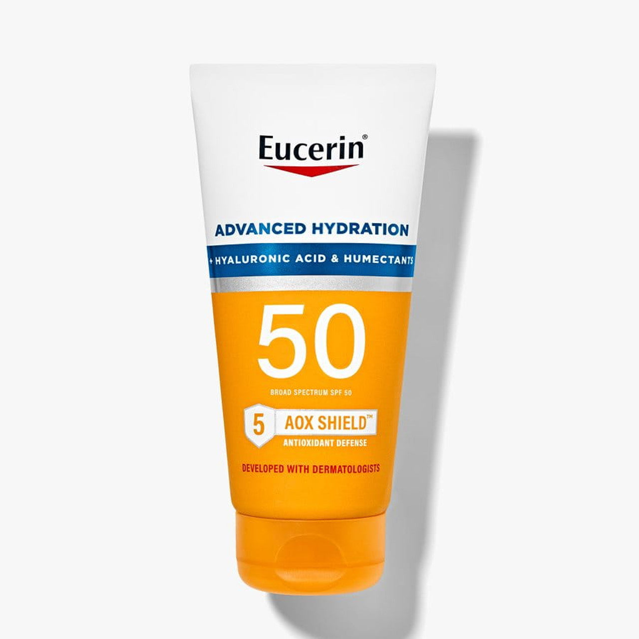 Eucerin Sun Advanced Hydration SPF 50 sunscreen lotion in 5 oz bottle, moisturizing skincare product with broad-spectrum sun protection
