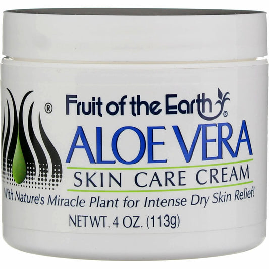 Fruit of the Earth Aloe Vera Skin Care Cream in a 4 oz tube, moisturizing lotion with aloe vera for soothing skin.