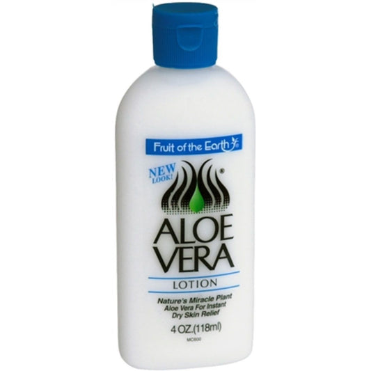 Bottle of Fruit of the Earth Aloe Vera Skin Care Lotion by Pasteur Pharmacy, 4 Fl Oz, with aloe vera ingredients visible