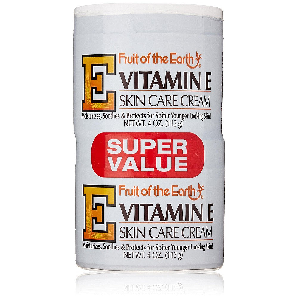 Fruit of the Earth Vitamin E skin care cream in a moisturizer bottle, designed for nourishing and hydrating skin.