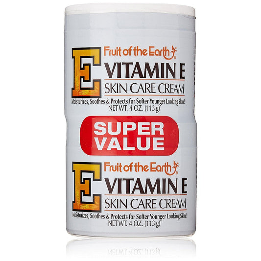 Fruit of the Earth Vitamin E skin care cream in a moisturizer bottle, designed for nourishing and hydrating skin.