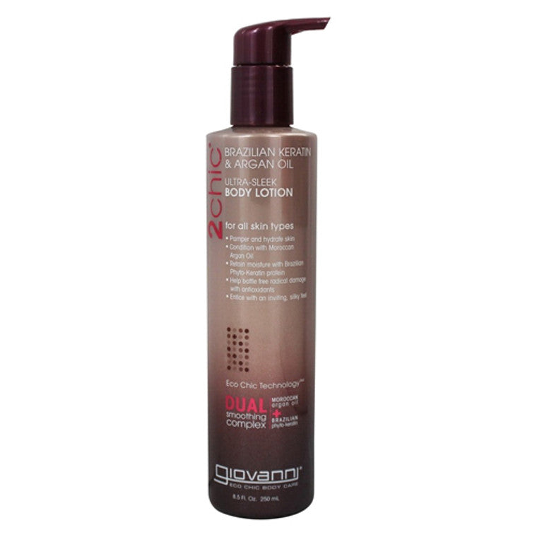 Giovanni Cosmetics 2chic Brazilian Keratin & Argan Oil Ultra Sleek Body Lotion 8.5 oz, moisturizing lotion and moisturizer.