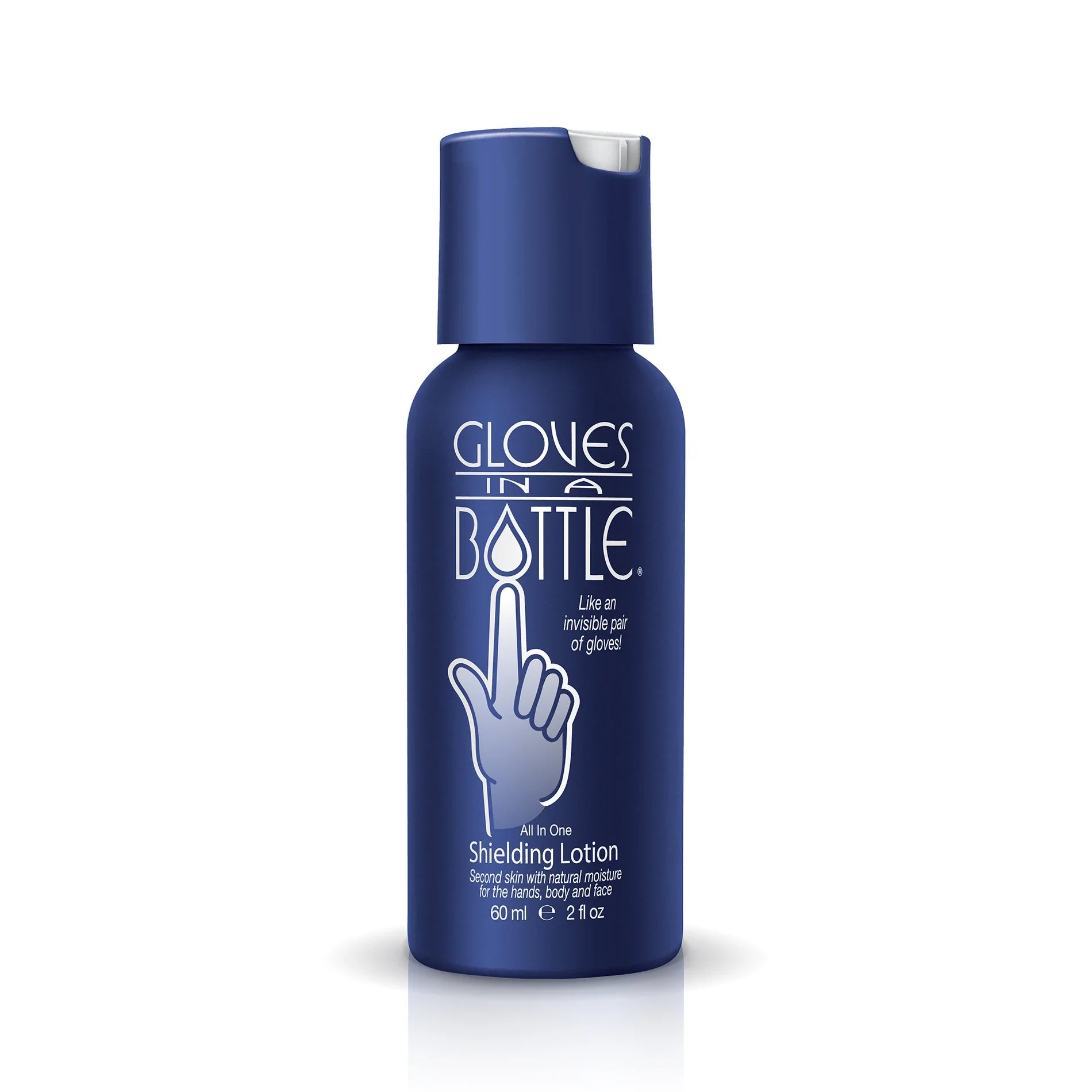 Gloves In A Bottle Shielding Lotion 2oz moisturizing lotion in a white bottle with blue cap, designed to protect and hydrate skin.