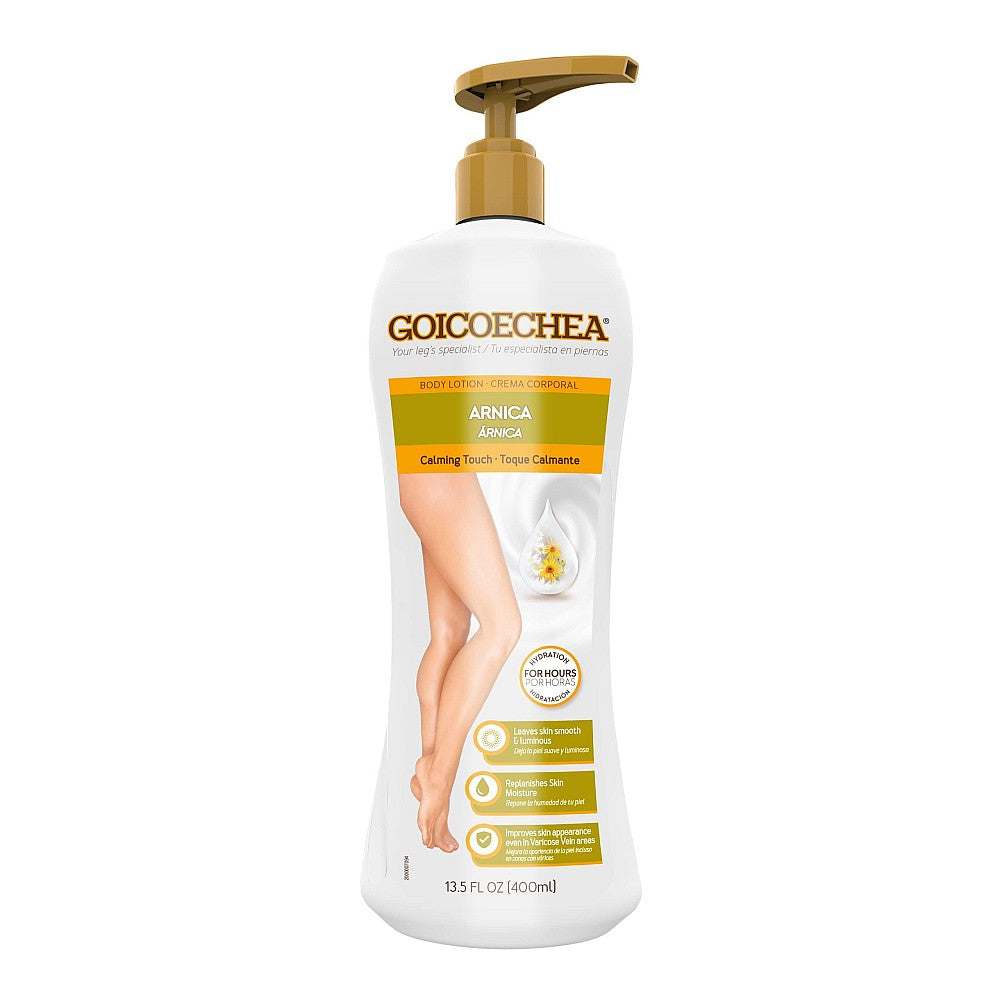 Goicoechea Calming Touch Arnica and Chamomile body lotion bottle, 13.5 oz, moisturizing and soothing skincare product.