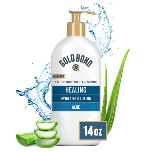 Gold Bond Ultimate Healing Aloe Lotion and Moisturizer in 14 oz bottle, featuring soothing aloe for dry, irritated skin.