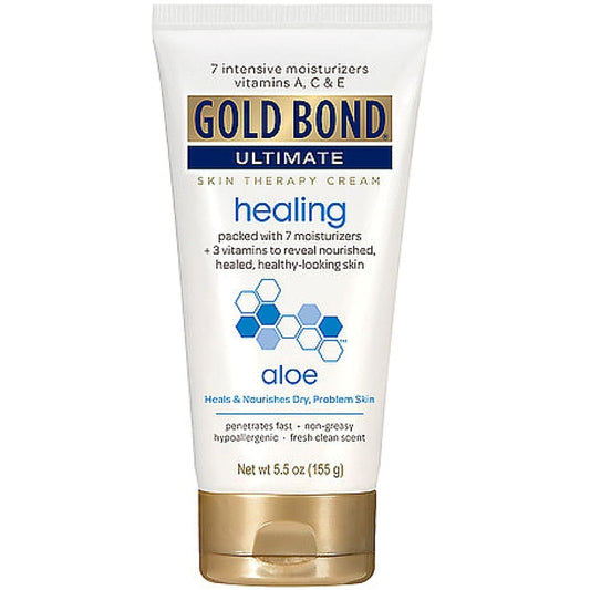 Gold Bond Ultimate Skin Therapy Lotion with Healing Aloe in a 5.5 oz bottle, moisturizing and promoting healthy skin.