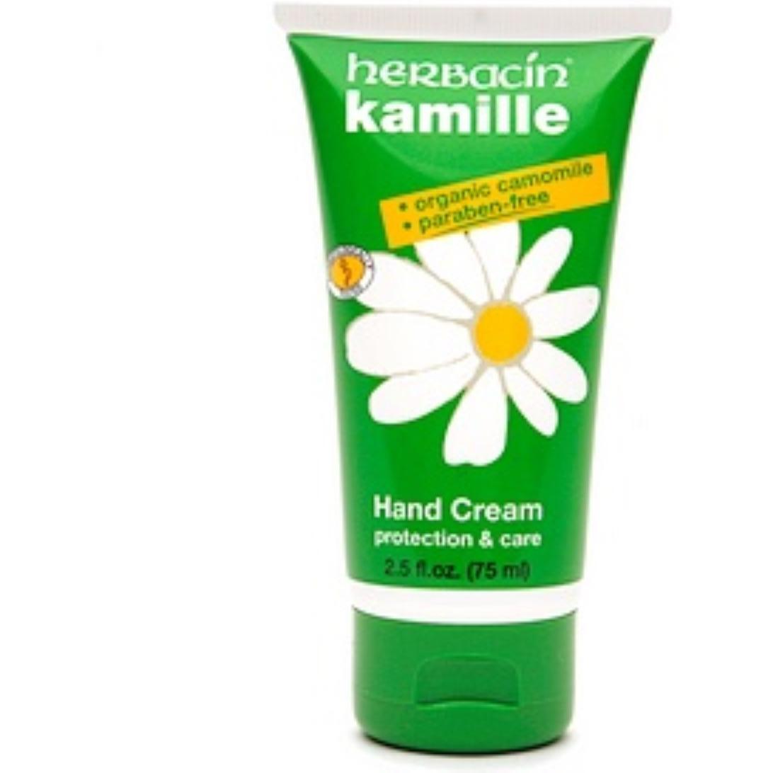 Herbacin Kamille paraben-free hand cream in a tube, moisturizing and soothing lotion for soft, healthy hands.