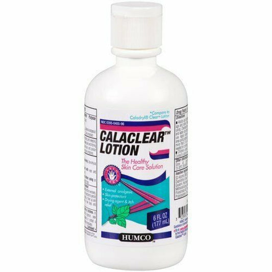 Humco Calaclear Lotion clear anti-itch moisturizer in a 6 fl oz bottle, designed to soothe and hydrate skin.