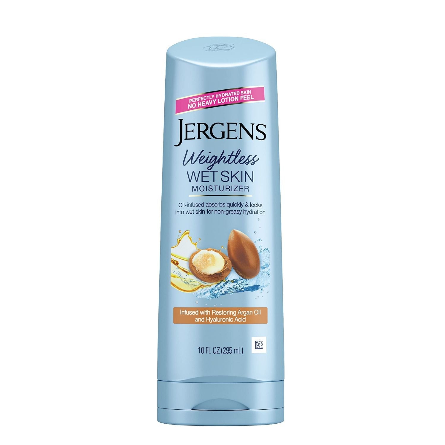 Jergens Argan Oil Weightless Wet Skin Body Lotion in a 10 Fl Oz bottle, moisturizing and hydrating for smooth skin