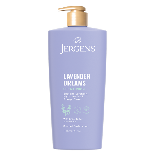 Jergens Lavender Dreams scented body lotion in a 14 oz bottle, moisturizing and relaxing lavender fragrance, shown in a white pump bottle