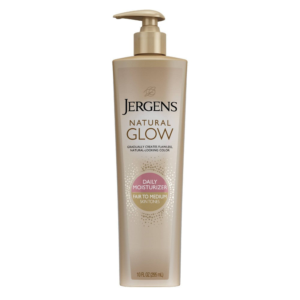 Jergens Natural Glow Daily Moisturizer in 10 oz bottle, fair to medium skin tones, moisturizing lotion with natural glow benefits.
