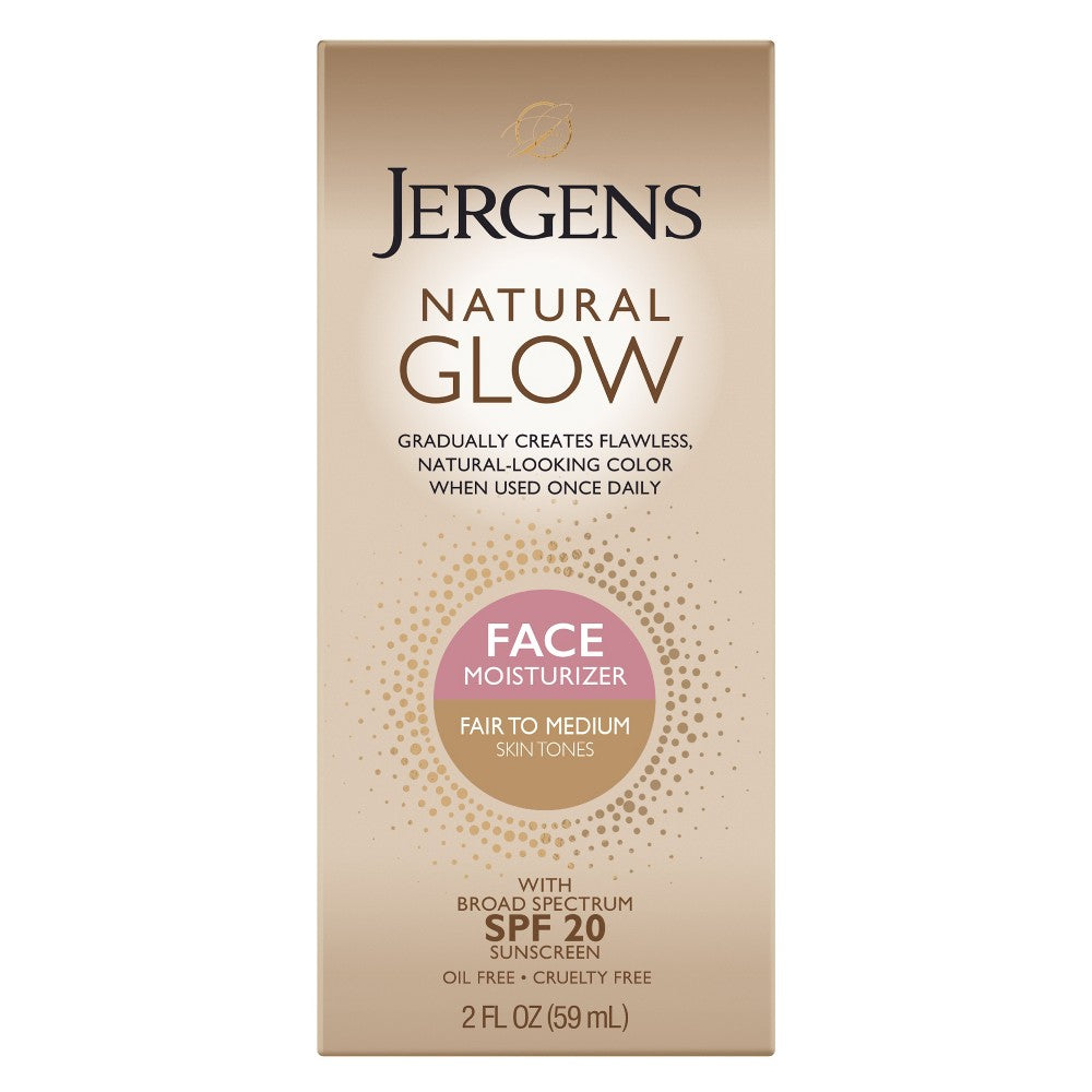 Jergens Natural Glow Face Daily Moisturizer with SPF 20 in 2 fl oz bottle, fair to medium skin tone, cream lotion.