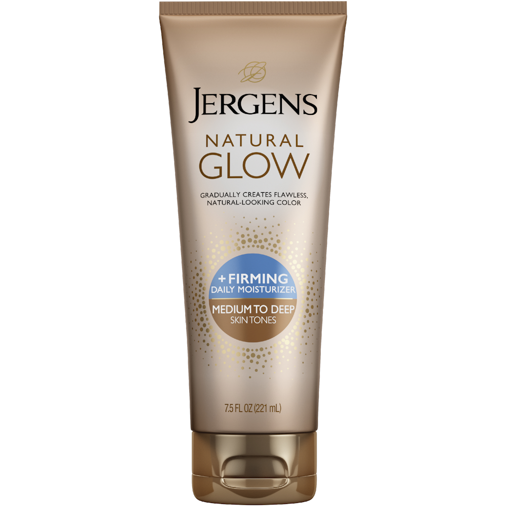 Jergens Natural Glow +Firming daily moisturizer in 7.5 oz bottle, for medium to deep skin tones, with a smooth lotion texture.