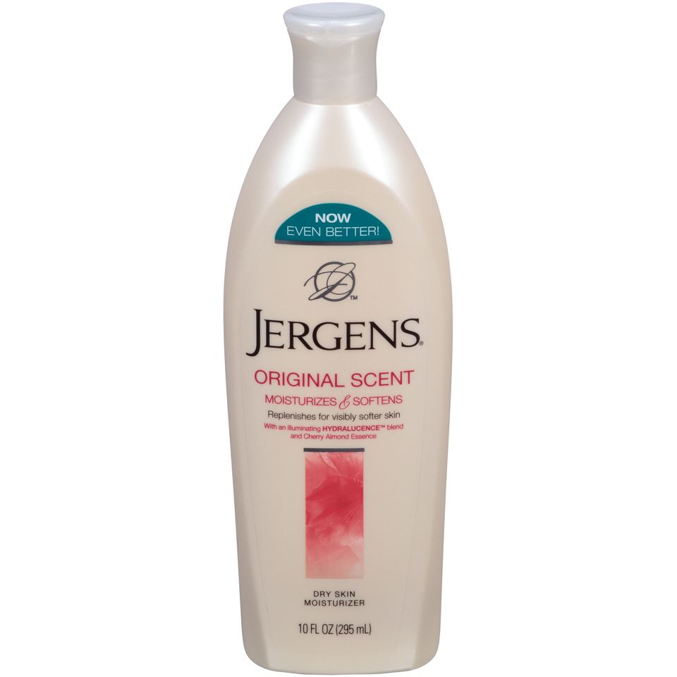 Jergens Original Scent Cherry Almond Dry Skin Moisturizer lotion in a 10 fl oz bottle with cherry almond scent and moisturizing formula.