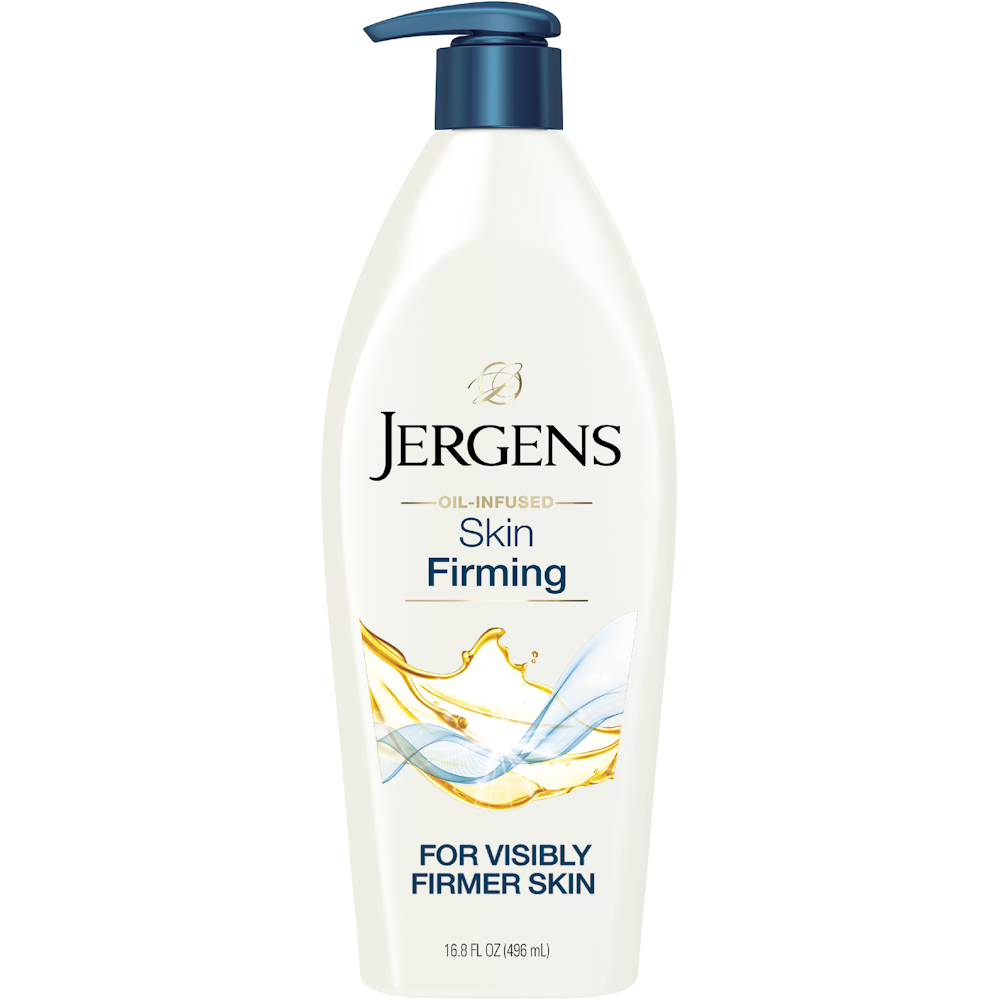 Jergens Skin Firming Body Lotion in 16.8 oz bottle, moisturizing and nourishing for smooth, firm skin.