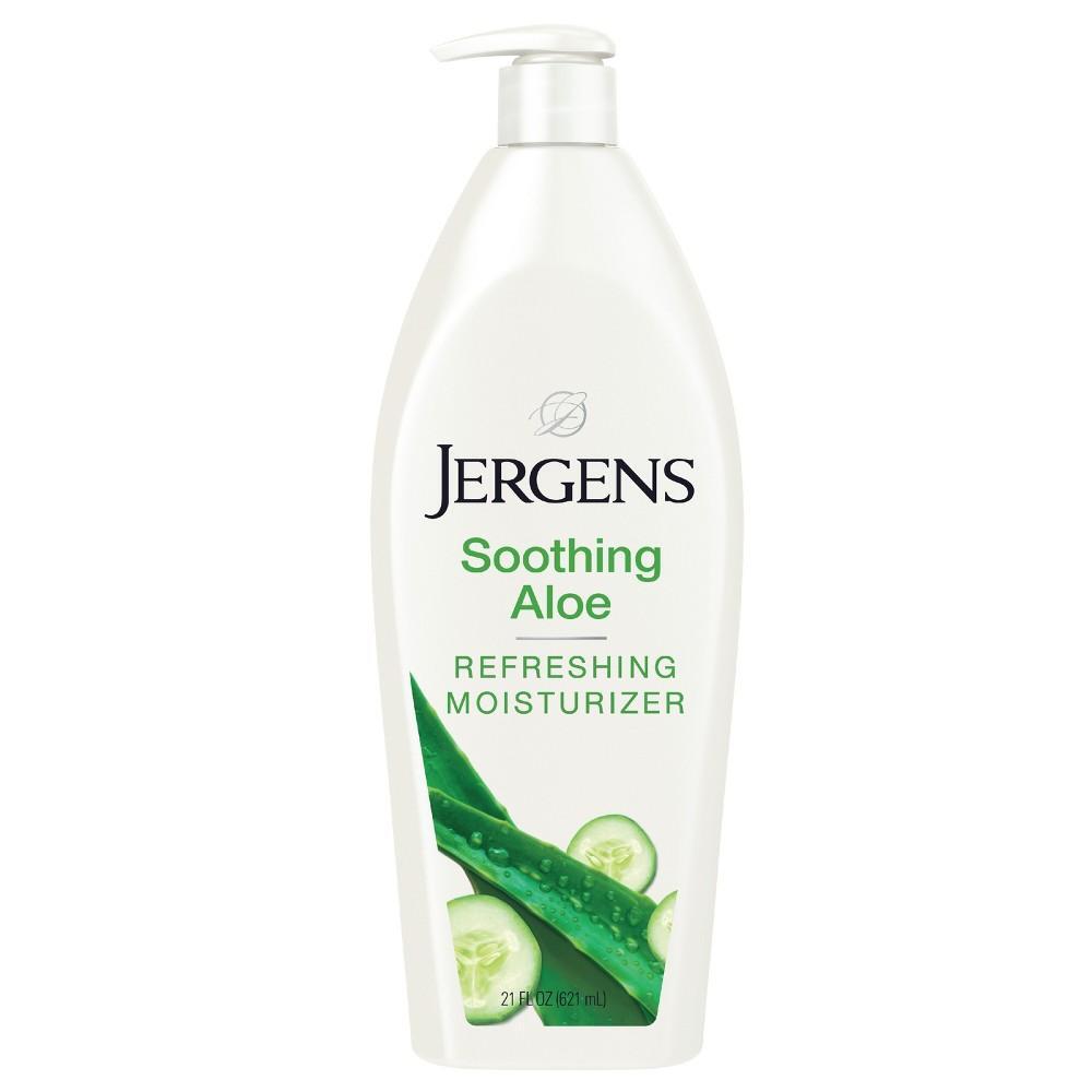 Jergens Soothing Aloe Refreshing Moisturizer Lotion in 21 oz bottle, showing the hydrating lotion with aloe for soft skin