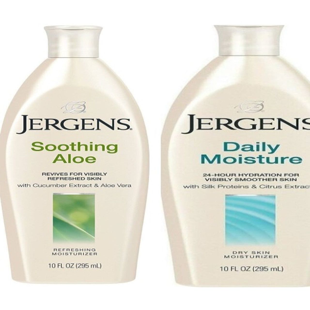 Jergens Soothing Aloe Relief moisturizing lotion in a 10 oz bottle, with aloe vera for soothing and refreshing skin hydration.
